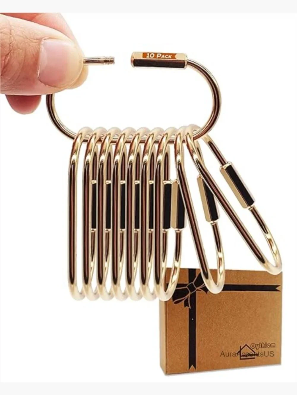 10 Pack Gold Brass Keychains with Carabiner Clip Secure Locking Screw Design